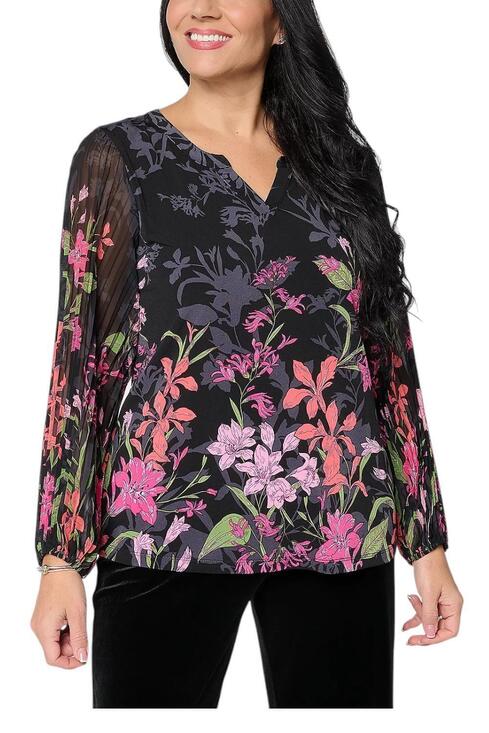 Susan Graver Tops - Susan Graver Women's Printed Split-Neck Pleated Slv Top Blk/Coral - Regular